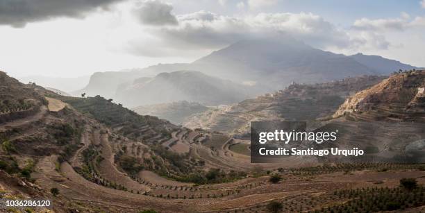 panorama of terraced fields and villages in haraz mountains - yemen stock pictures, royalty-free photos & images