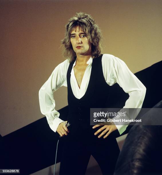 Rod Stewart performs live on stage at TopPop TV studio in Hilversum, Netherlands in 1975