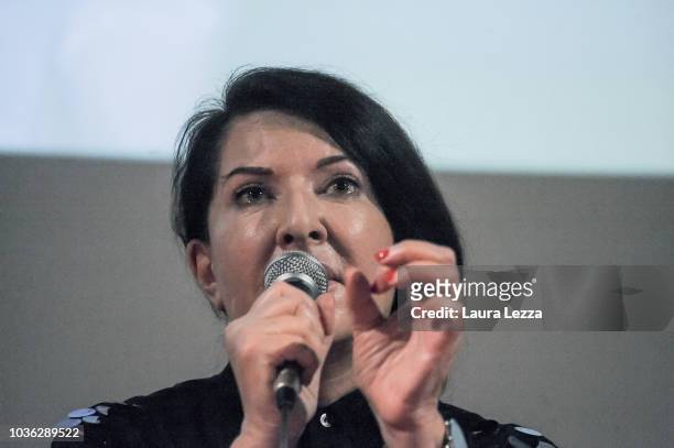 Artist Marina Abramovic attends the press conference to present the exhibition 'Marina Abramovic The Cleaner' in Palazzo Strozzi on September 19,...
