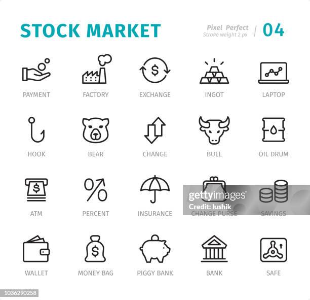 börse - pixel perfekte linie symbole mit bildunterschriften - münzbeutel stock-grafiken, -clipart, -cartoons und -symbole