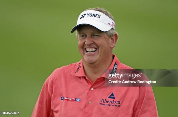 Colin Montgomerie of Scotland smiles on the ninth hole during the Pro Am prior to the start of the Johnnie Walker Championship at Gleneagles at the...