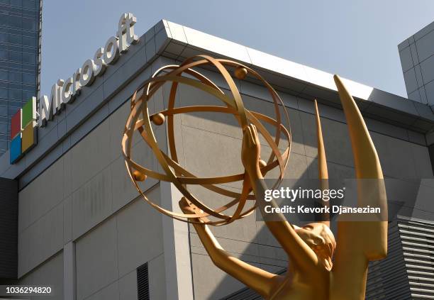 An Emmy statue is placed at the entrance of the gold carpet at the entrance of Microsoft Theater for the 70th Emmy Awards on September 13, 2018 in...