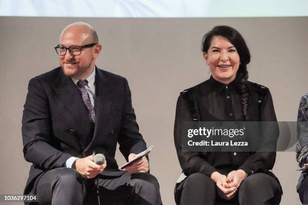 Artist Marina Abramovic and Director of Palazzo Strozzi and Curator of the exhibition Arturo Galansino attend the press conference to present the...