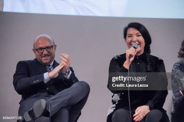 Artist Marina Abramovic and Director of Palazzo Strozzi and Curator of the exhibition Arturo Galansino attend the press conference to present the...