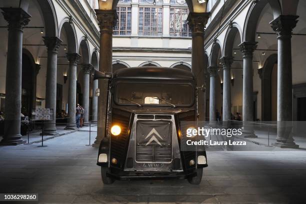 The famous Marina and Ulay's van is displayed during the exhibition 'Marina Abramovic The Cleaner Marina Abramovic' at Palazzo Strozzi on September...