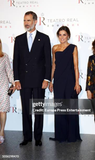 King Felipe of Spain and Queen Letizia of Spain attend 'Fausto' opera during the opening of the Royal Theatre new season on September 19, 2018 in...