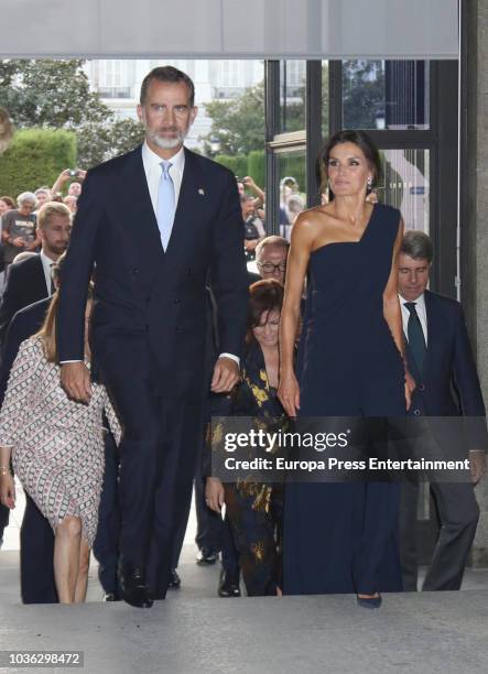 King Felipe of Spain and Queen Letizia of Spain attend 'Fausto' opera during the opening of the Royal Theatre new season on September 19, 2018 in...