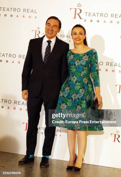 Pedro J. Ramirez and Cruz Sanchez attend 'Fausto' opera during the opening of the Royal Theatre new season on September 19, 2018 in Madrid, Spain.