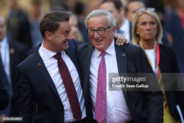 Xavier Bettel , Prime Minister of Luxembourg, and Jean-Claude Juncker, President of the European Commission, arrive for the first working session of...