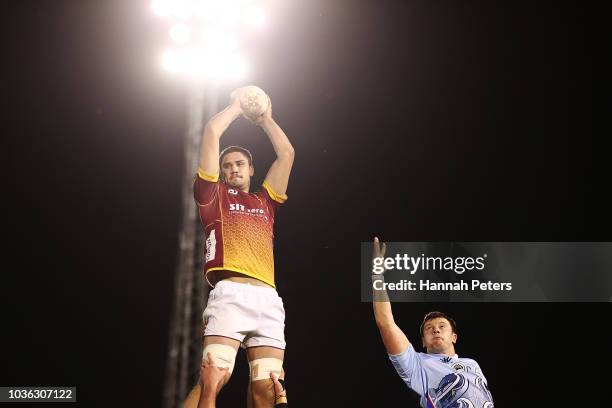 Manaaki Selby-Rickit of Southland wins lineout ball during the round six Mitre 10 Cup match between Northland and Southland at Toll Stadium on...