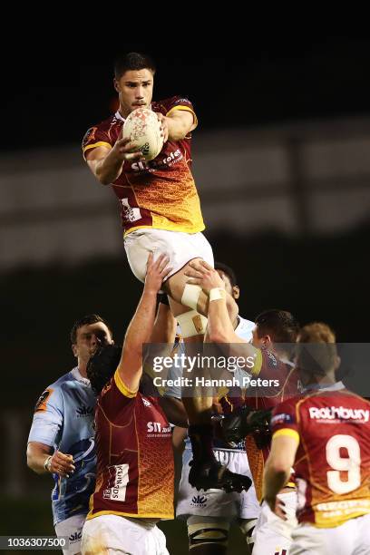 Manaaki Selby-Rickit of Southland wins lineout ball during the round six Mitre 10 Cup match between Northland and Southland at Toll Stadium on...