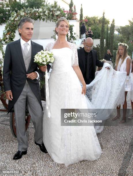 Tatiana Blatnik and her father Atilio Brillembourg arrive at the Cathedral of Ayios Nikolaos for her wedding to Prince Nikolaos of Greece on August...