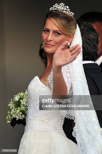 Tatiana Blatnik arrives atr the church for her wedding with Nicolas, the son of the former King of Greece , Constantine on the island of Spetses on...