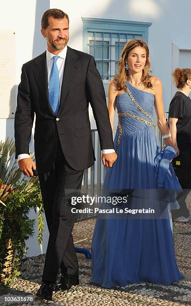 Prince Felipe of Spain and Princess Letizia of Spain arrive to attend the wedding of Tatiana Blatnik with Prince Nikolaos of Greece at the Cathedral...