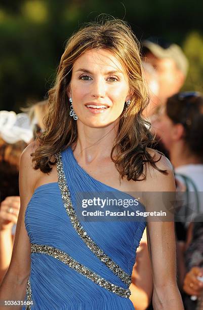 Princess Letizia of Spain arrives to attend the wedding of Tatiana Blatnik with Prince Nikolaos of Greece at the Cathedral of Ayios Nikolaos on...