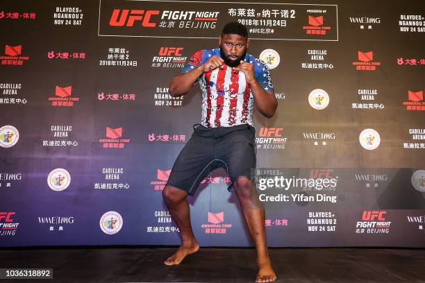 Fighter Curtis Blaydes in action during workout presetation session of UFC Fight Night Beijing On-Sale press conference at W hotel on September 20,...