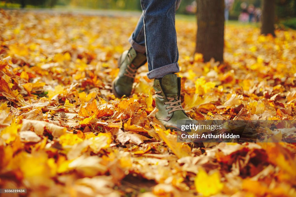 Leather shoes walking on fall leaves Outdoor