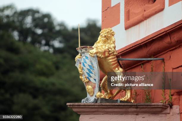 Coat of arms with a golden lion can be seen on Pfalzgrafenstein Castle on Falkenau island in the Rhine river between Oberwesel and Kaub, Germany, 03...