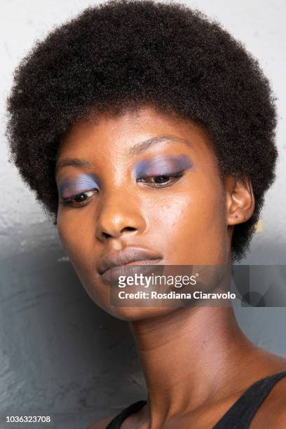 Model is seen backstage ahead of the Arthur Arbesser show during Milan Fashion Week Spring/Summer 2019 on September 19, 2018 in Milan, Italy.