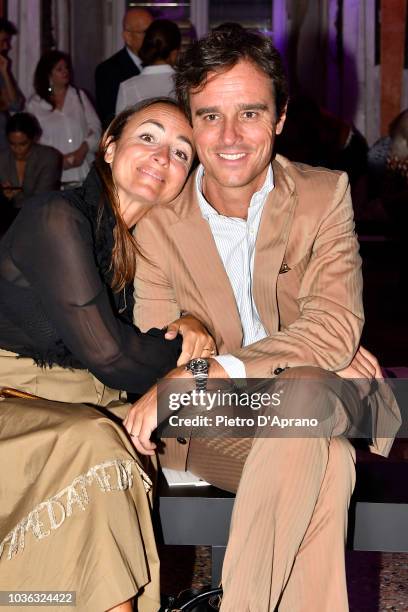 Camila Raznovich and Emanuele Farneti attend the Genny show during Milan Fashion Week Spring/Summer 2019 on September 20, 2018 in Milan, Italy.
