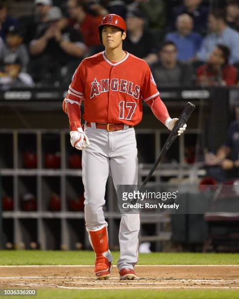 Shohei Ohtani of the Los Angeles Angels looks on against the Chicago White Sox on September 7, 2018 at Guaranteed Rate Field in Chicago, Illinois.