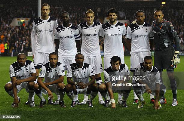 Tottenham Hotspur line up prior to the UEFA Champions League play-off second leg match between Tottenham Hotspur and BSC Young Boys at White Hart...