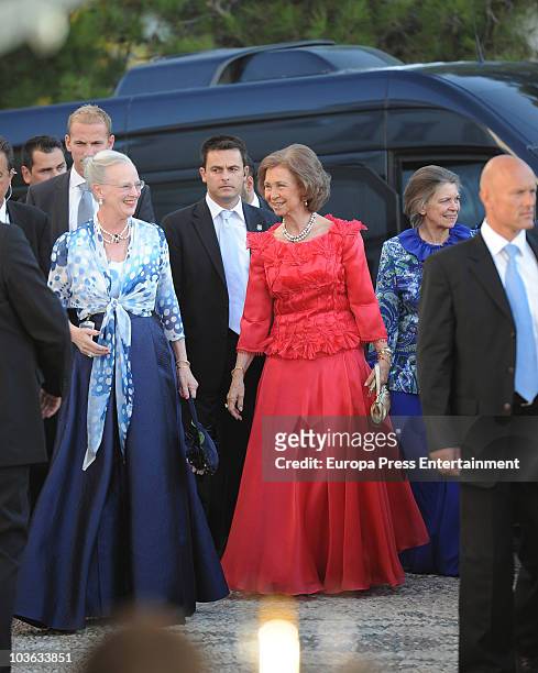 Queen Margrethe of Denmark, Queen Sofia of Spain and Princess Irene of Greece arrive to attend the wedding of Tatiana Blatnik with Prince Nikolaos of...