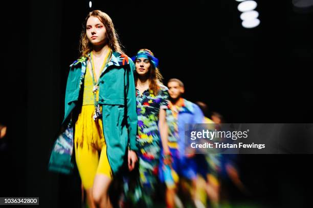 Models the runway at the Tiziano Guardini show during Milan Fashion Week Spring/Summer 2019 on September 20, 2018 in Milan, Italy.