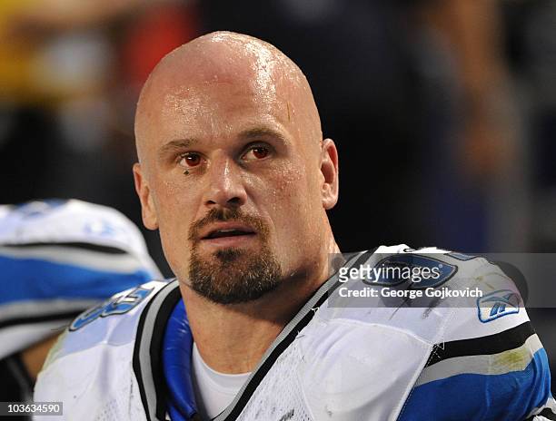 Defensive lineman Kyle Vanden Bosch of the Detroit Lions looks on from the sideline during a preseason game against the Pittsburgh Steelers at Heinz...