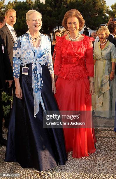 Queen Margrethe of Denmark and Queen Sofia of Spain arrives for the wedding of Prince Nikolaos and Miss Tatiana Blatnik at the Cathedral of Ayios...