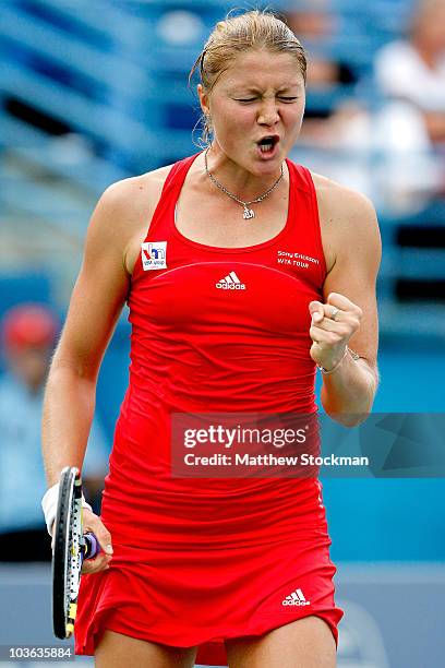 Dinara Safina of Russia celebrates a point against Daniela Hantuchova of Slovakia during the Pilot Pen tennis tournament at the Connecticut Tennis...