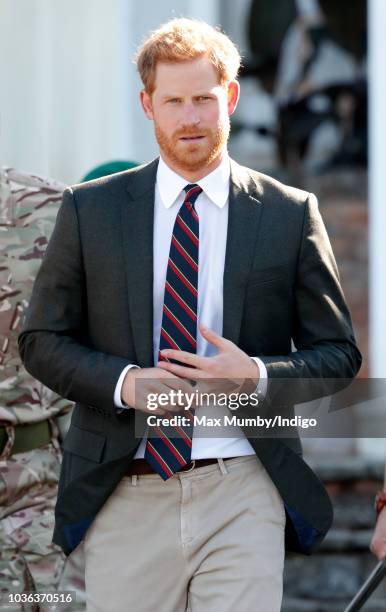 Prince Harry, Duke of Sussex visits The Royal Marines Commando Training Centre on September 13, 2018 in Lympstone, England. The Duke arrived at the...