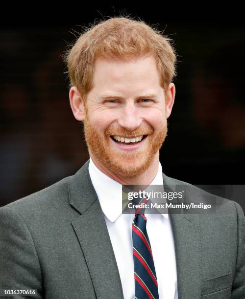 Prince Harry, Duke of Sussex visits The Royal Marines Commando Training Centre on September 13, 2018 in Lympstone, England. The Duke arrived at the...