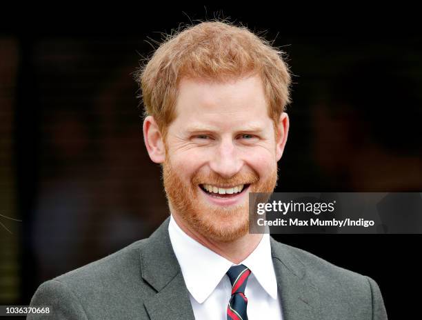 Prince Harry, Duke of Sussex visits The Royal Marines Commando Training Centre on September 13, 2018 in Lympstone, England. The Duke arrived at the...