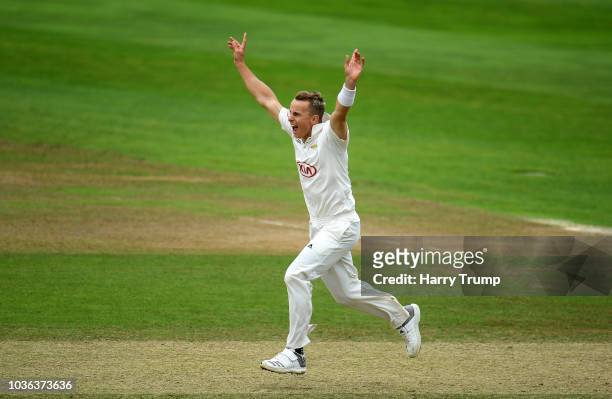 Tom Curran of Surrey celebrates the wicket of Tom Banton of Somerset during Day Three of the Specsavers County Championship Division One match...