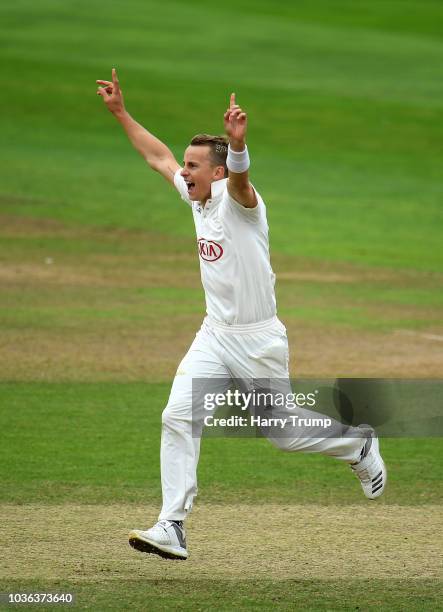 Tom Curran of Surrey celebrates the wicket of Tom Banton of Somerset during Day Three of the Specsavers County Championship Division One match...