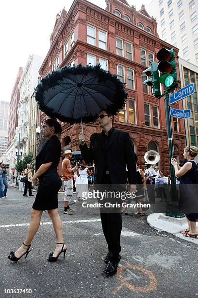 Actress Shauna Rappold leads a jazz funeral to honor Katrina victims on August 25, 2010 in New Orleans, Louisiana. The fifth anniversary of Hurricane...