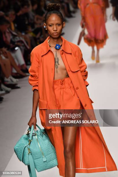 Model presents a creation for Fendi fashion house during the Women's Spring/Summer 2019 fashion shows in Milan, on September 20, 2018.