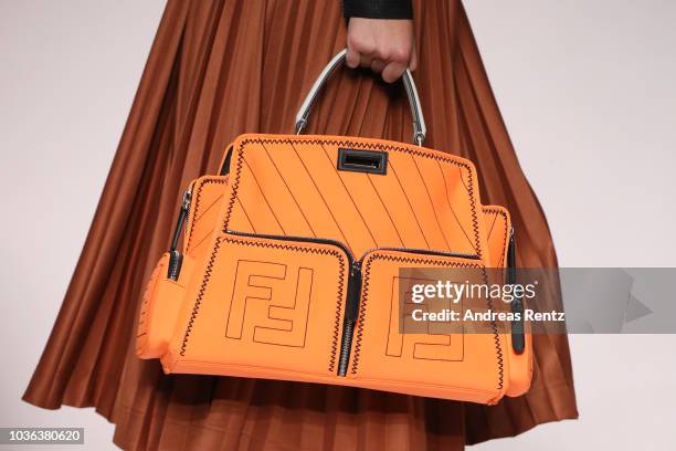 Model, bag detail, walks the runway at the Fendi show during Milan Fashion Week Spring/Summer 2019 on September 20, 2018 in Milan, Italy.