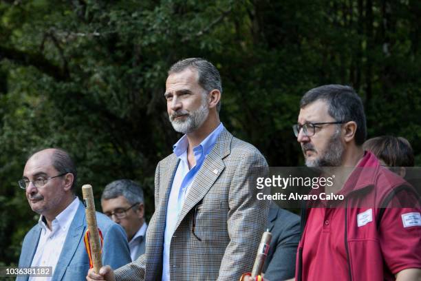 King Felipe of Spain with President of Aragón Javier Lamban, Attends The Commemorative Acts of The Centennial Of The Ordesa National Park And Monte...