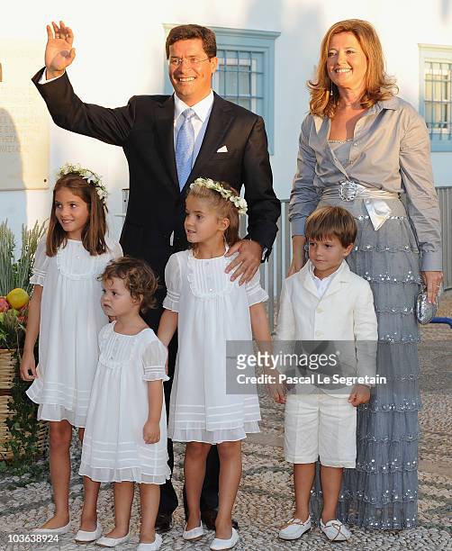 Princess Alexia of Greece and Carlos Morales arrive to attend the wedding of Tatiana Blatnik with Prince Nikolaos of Greece at the Cathedral of Ayios...