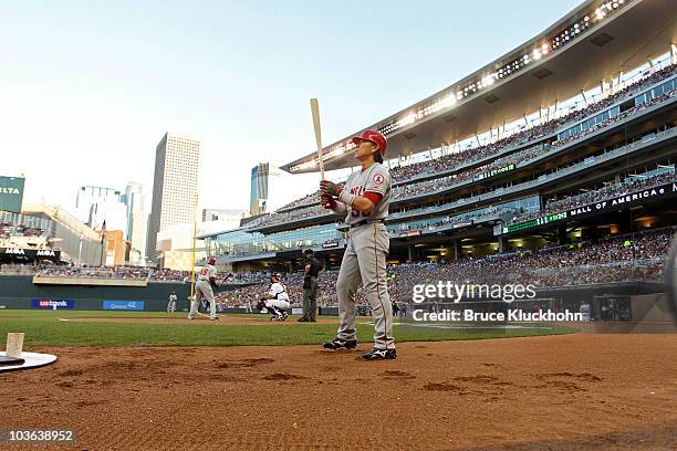 Hideki Matsui of the Los Angeles Angels prepares to bat against the Minnesota Twins on August 22, 2010 at Target Field in Minneapolis, Minnesota. The...