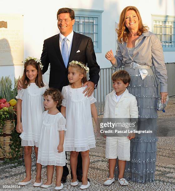 Princess Alexia of Greece and Carlos Morales arrive to attend the wedding of Tatiana Blatnik with Prince Nikolaos of Greece at The Saint Nikolaos...