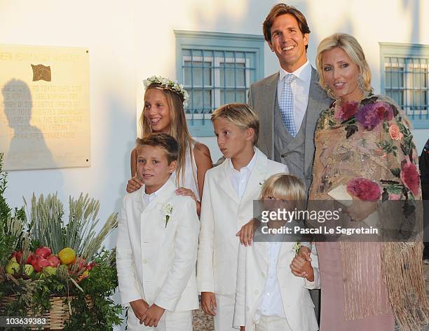 Prince Pavlos of Greece and Princess Marie-Chantal of Greece arrive to attend the wedding of Tatiana Blatnik with Prince Nikolaos of Greece at The...
