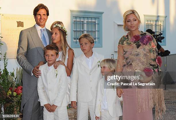 Prince Pavlos of Greece and Princess Marie-Chantal of Greece arrive to attend the wedding of Tatiana Blatnik with Prince Nikolaos of Greece at the...