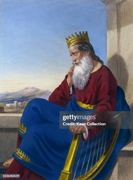 Engraving depicting King David , pictured wearing a crown and sitting beside a harp, circa 960 BC. King David was the second King of Israel, famous...