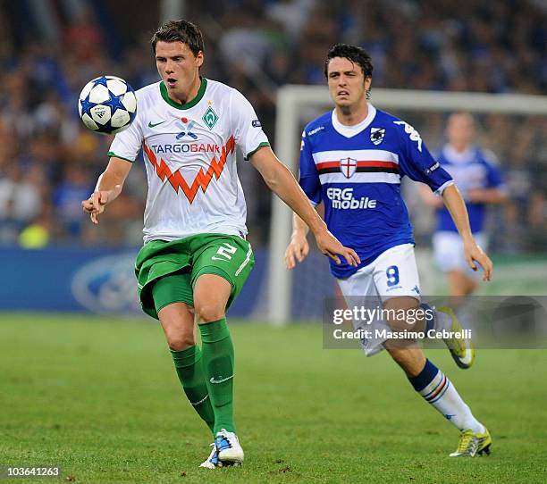 Sebastian Boenisch of SV Werder Bremen in action during the Champions League Play-off match between UC Sampdoria Genoa and SV Werder Bremen at Luigi...