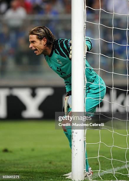 Tim Wiese of SV Werder Bremen reacts during the Champions League Play-off match between UC Sampdoria Genoa and SV Werder Bremen at Luigi Ferraris...