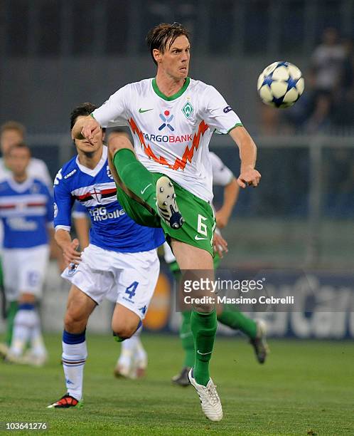 Tim Borowski of SV Werder Bremen in action during the Champions League Play-off match between UC Sampdoria Genoa and SV Werder Bremen at Luigi...