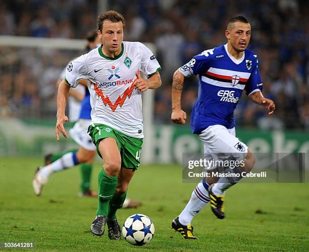 Philipp Bargfrede of SV Werder Bremen in action during the Champions League Play-off match between UC Sampdoria Genoa and SV Werder Bremen at Luigi...